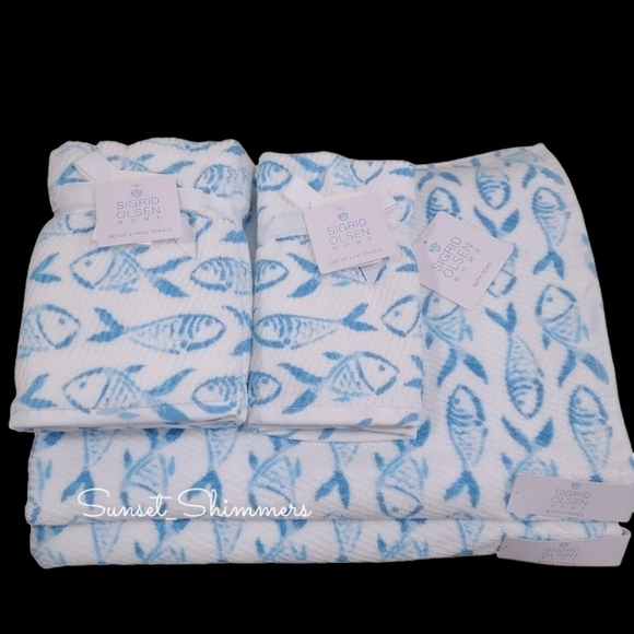 6pc Sigrid Olsen Coastal Nautical Skool Blue Fish Bath Hand Tip Towel Set Cotton - Picture 4 of 8